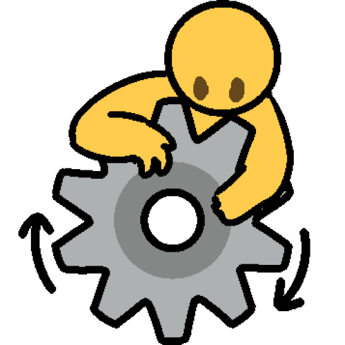 a cartoony drawing of a gray metal gear. there is an emoji-yellow person, about half the size of the gear climbing on top and looking at it intently. only the top half of their body is visible